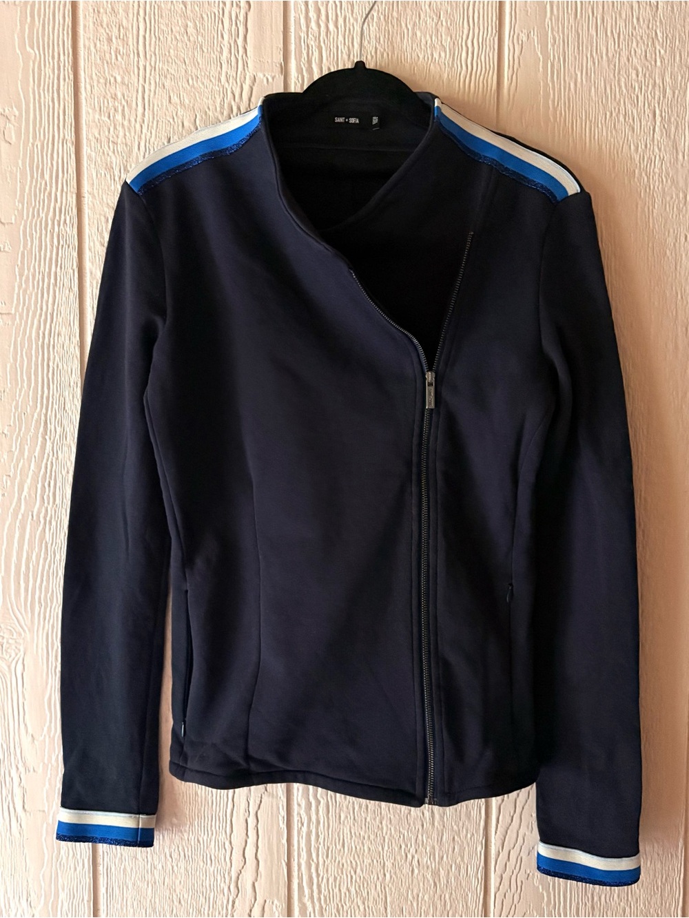 Saint + Sofia Navy Organic Cotton Moto Biker Jacket Size 6 Stripe